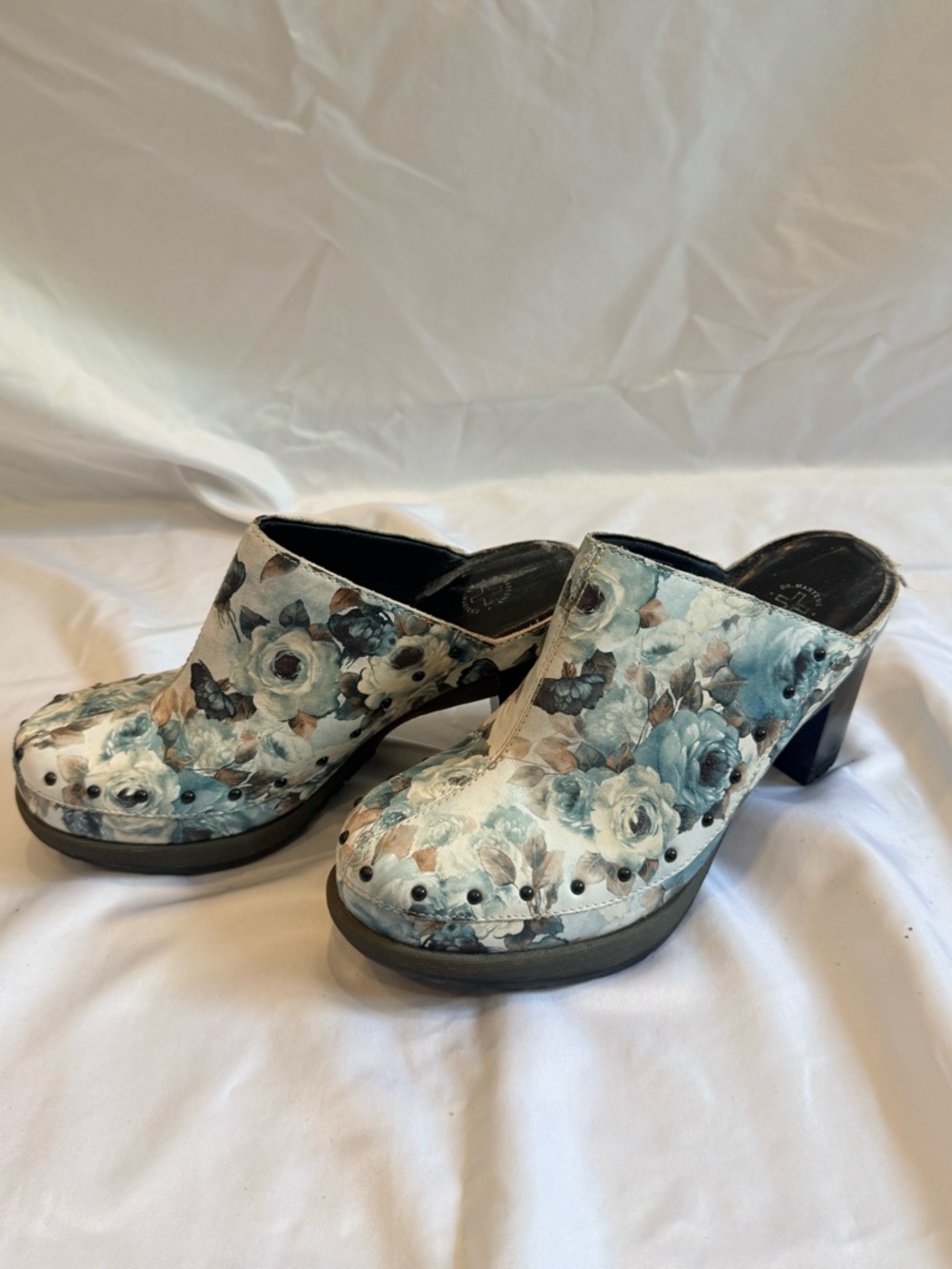 Dr. Martens Floral Leather Mules in Teal and Cream